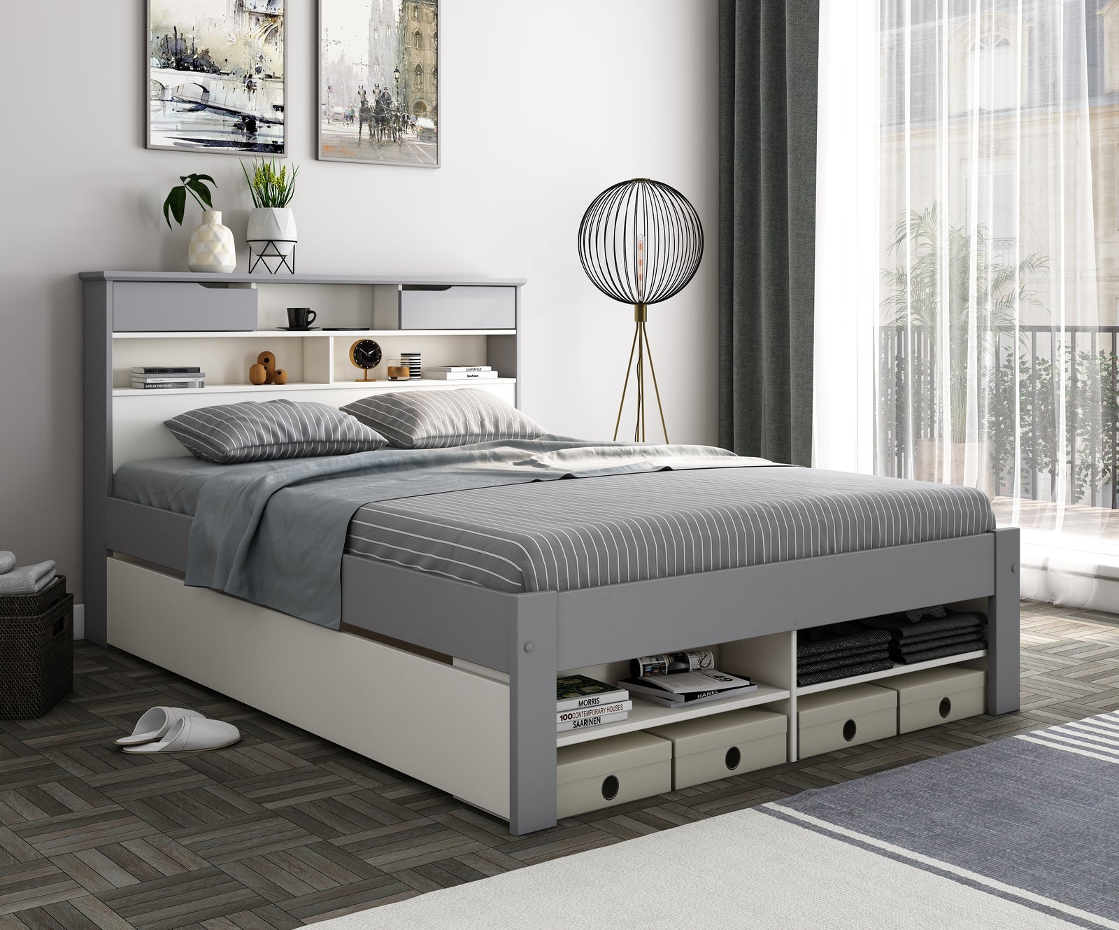 Fabio Wooden Storage Bed With 2 Drawer | Double | Grey