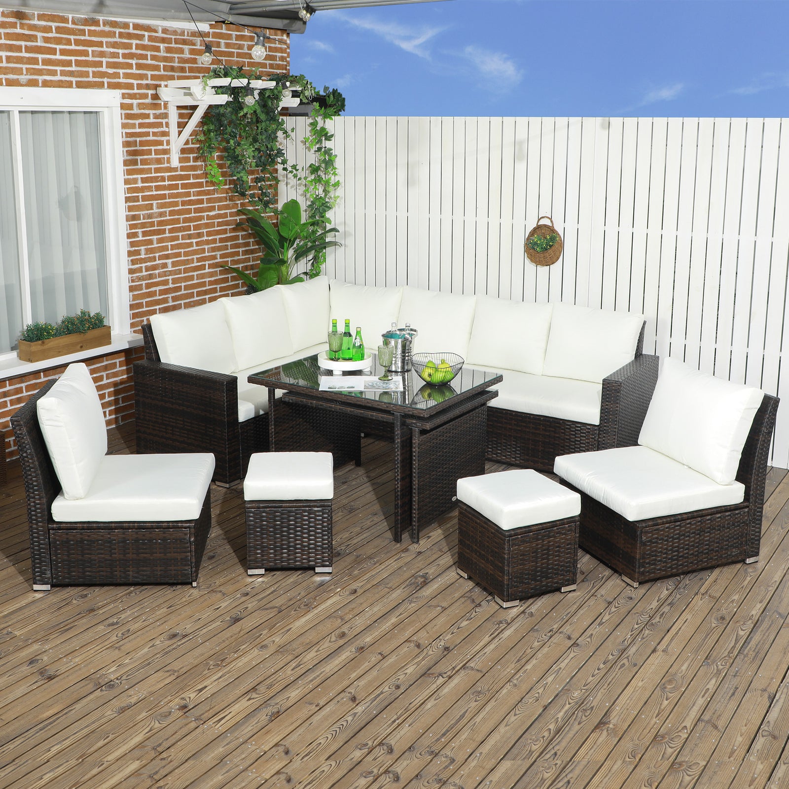 Sofa Sectional W/ Cushioned Seat, Footstools And Glass Table | Cream