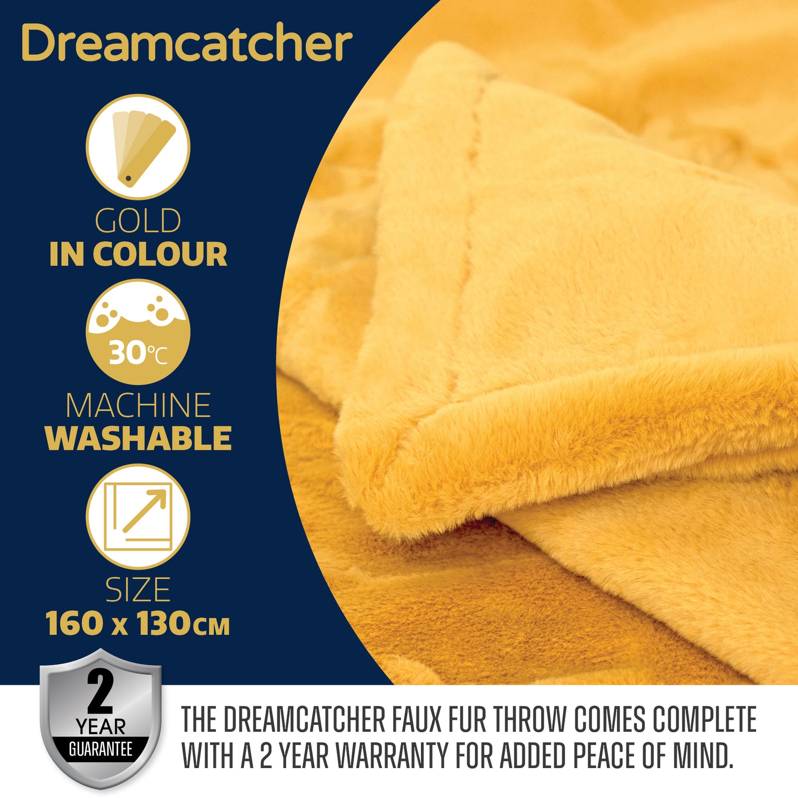 Blanket Throw Soft Faux Fur 160 X 130cm Fleece Overblanket Fluffy Blanket  For Sofa & Beds | L | Gold