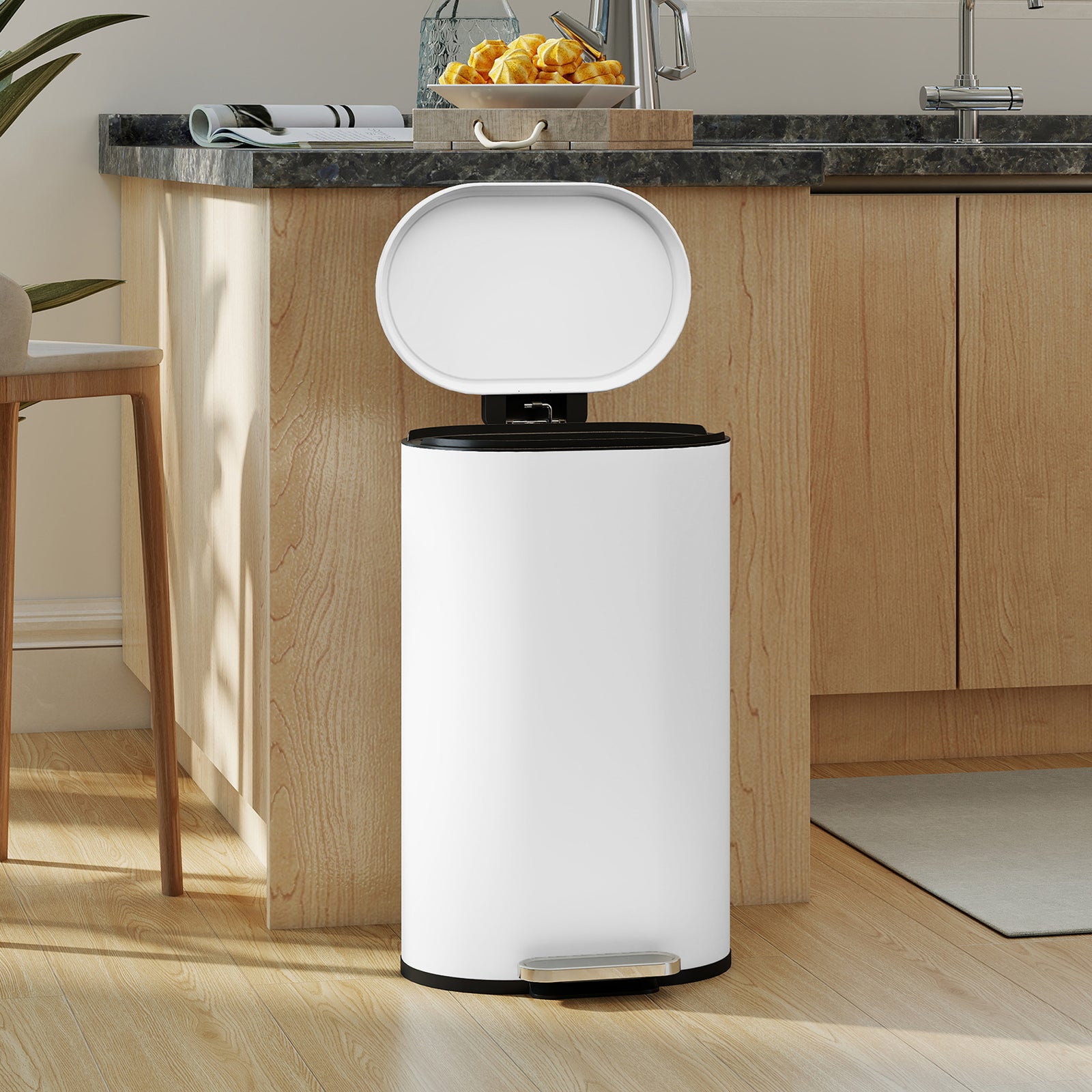 Slim Rectangular Pedal Bin With Soft-close Lid, 30l Kitchen Bin | White
