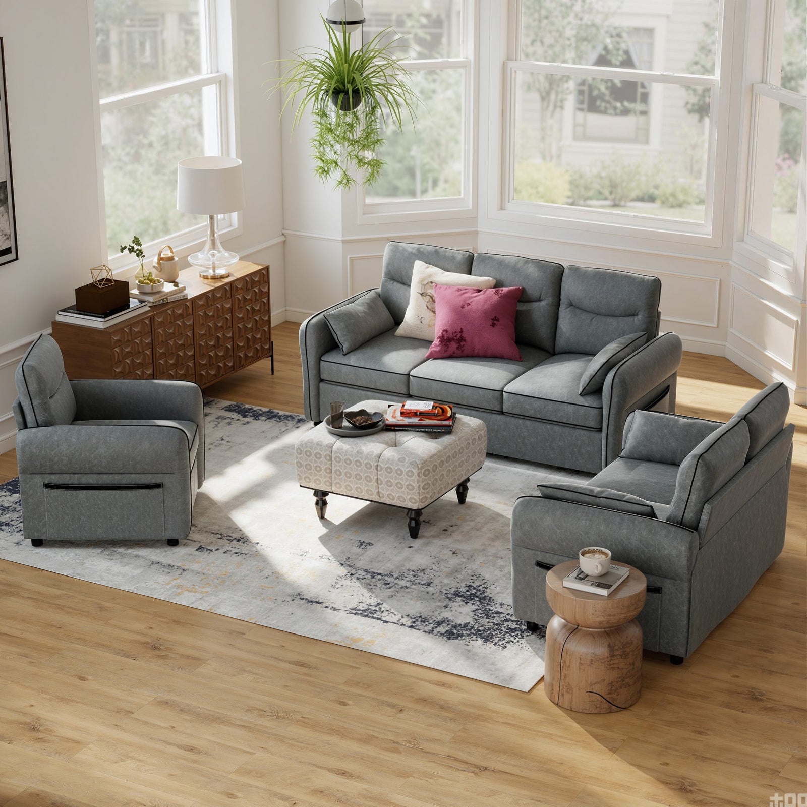 Modern Seater Sofa With Thick Cushion Side Pockets | M | Grey