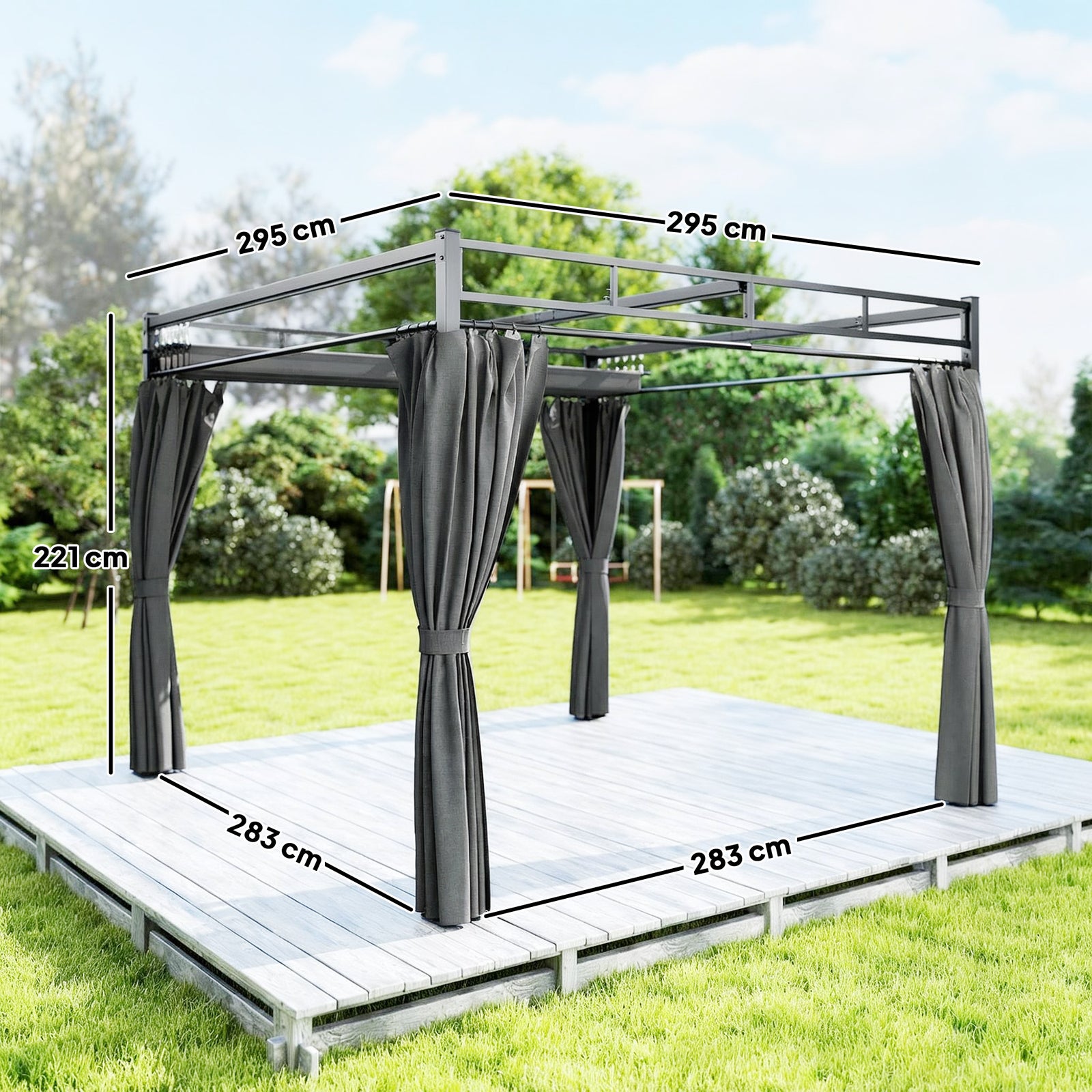 3 X 3 M Garden Pergola With Retractable Canopy, Curtains | Dark Grey