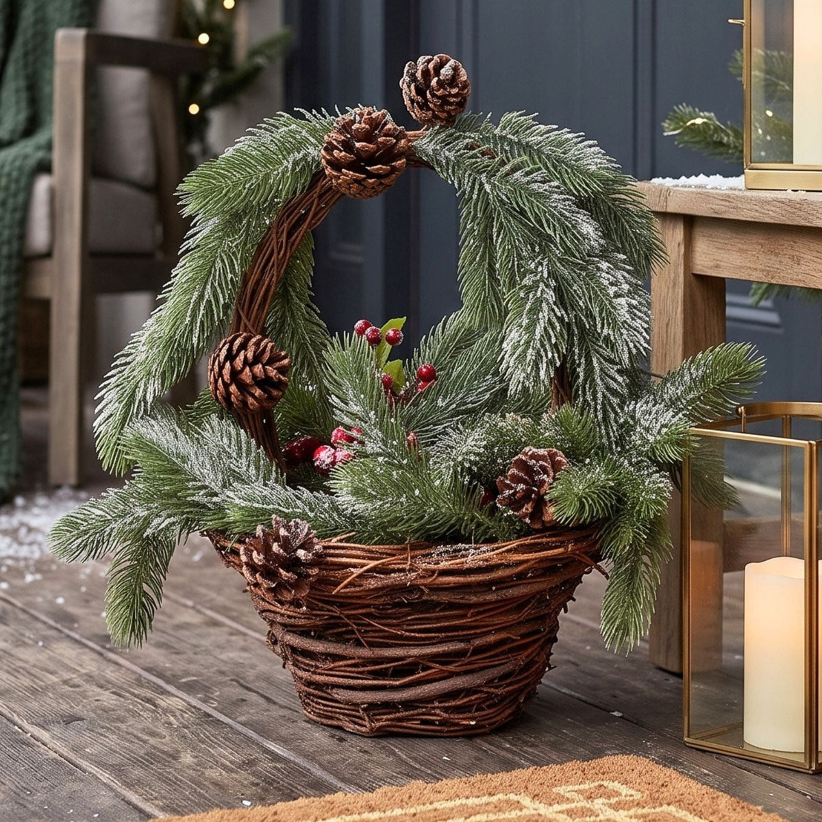 HOMESCAPES Festive Wicker Basket Christmas Decoration With Green Fir, Berries And Pinecones