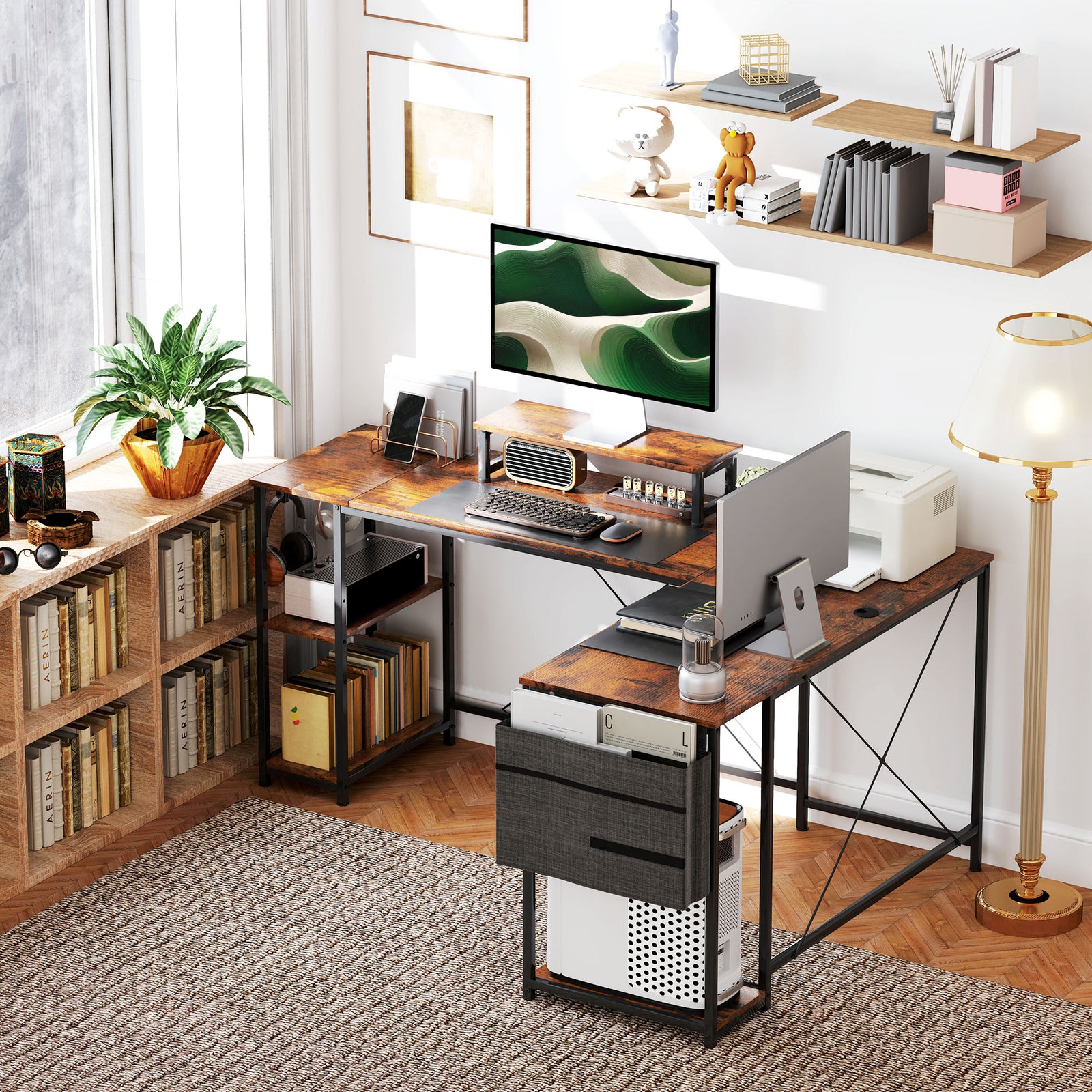 168cm Reversible L Shaped Desk, 240cm Two Person Desk | One Size | Brown
