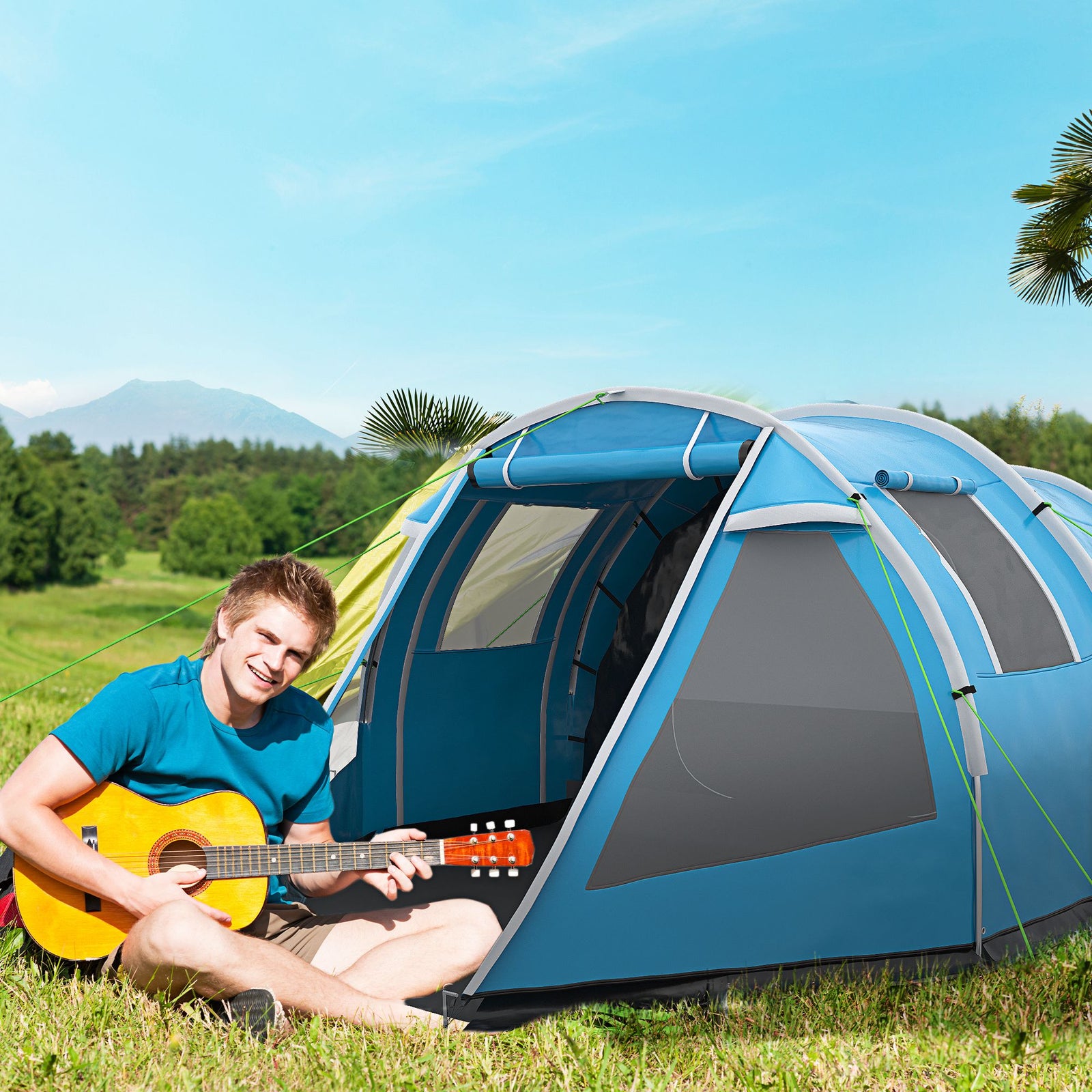 3-4 Persons Tunnel Tent, Two Room Camping Tent W/ Windows | Blue
