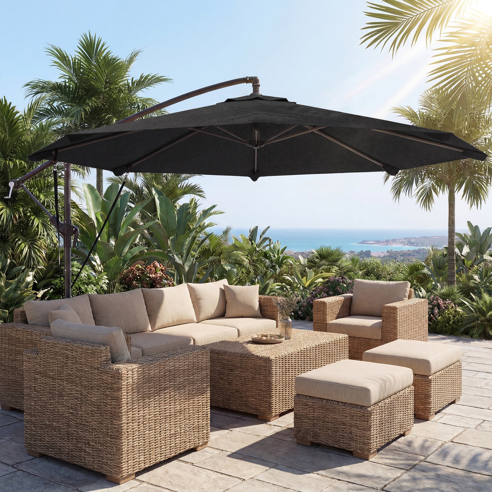 3 M Cantilever Parasol, Offset Umbrella With Cover And Wind Ropes | Black