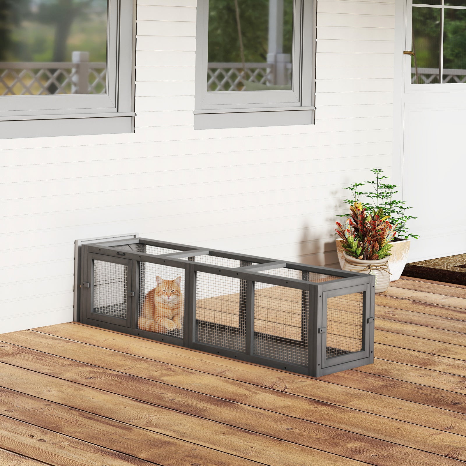 PawHut Outdoor Cat Tunnel, Wooden Extendable Pet Run, For Kitty, Puppy, Grey