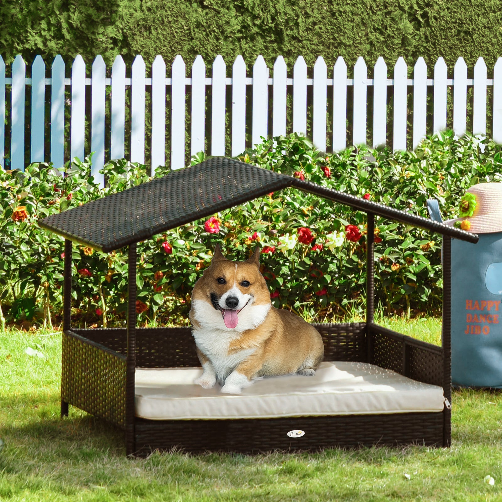 Pawhut Wicker Dog House, Rattan Pet Bed With Soft Cushion, Cat Basket | Cream