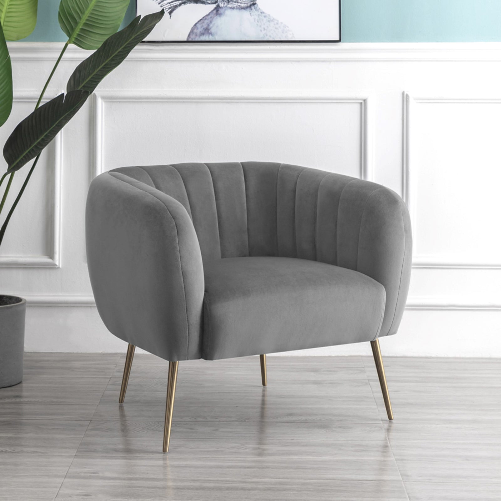 Matilda 84cm Wide Ruched Back Velvet Accent Chair With Brass Coloured Steel Legs | Gray
