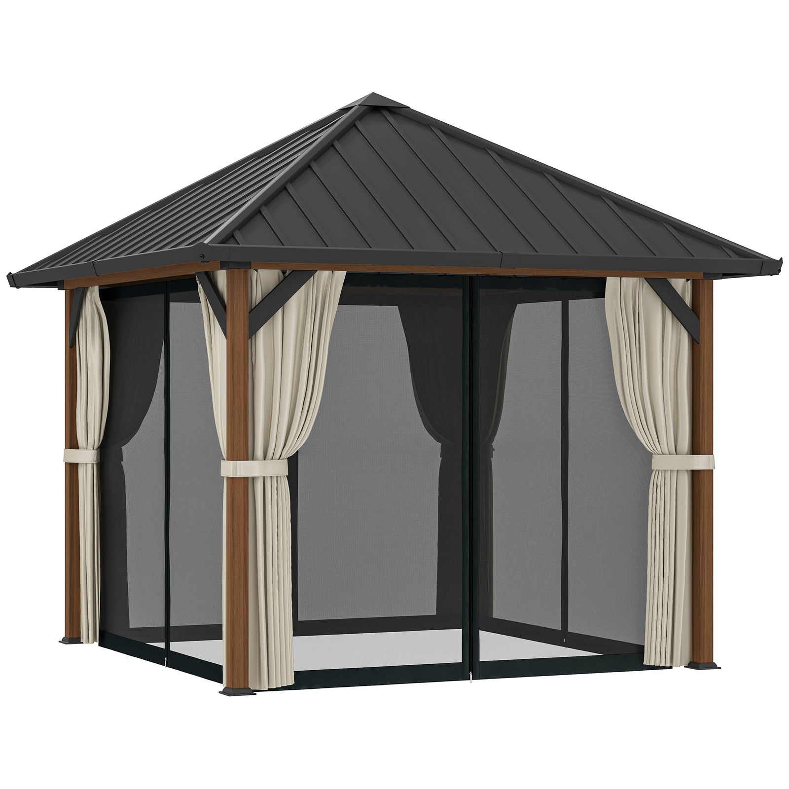3 X 3(m) Metal Hardtop Gazebo With Netting And Curtains | Brown
