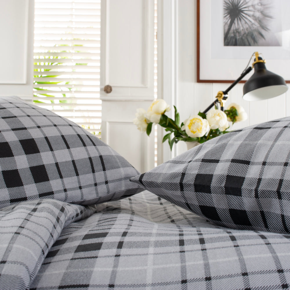 Buchanan Check Printed Brushed 100% Cotton Bedlinen Duvet Set | Super King | Gray