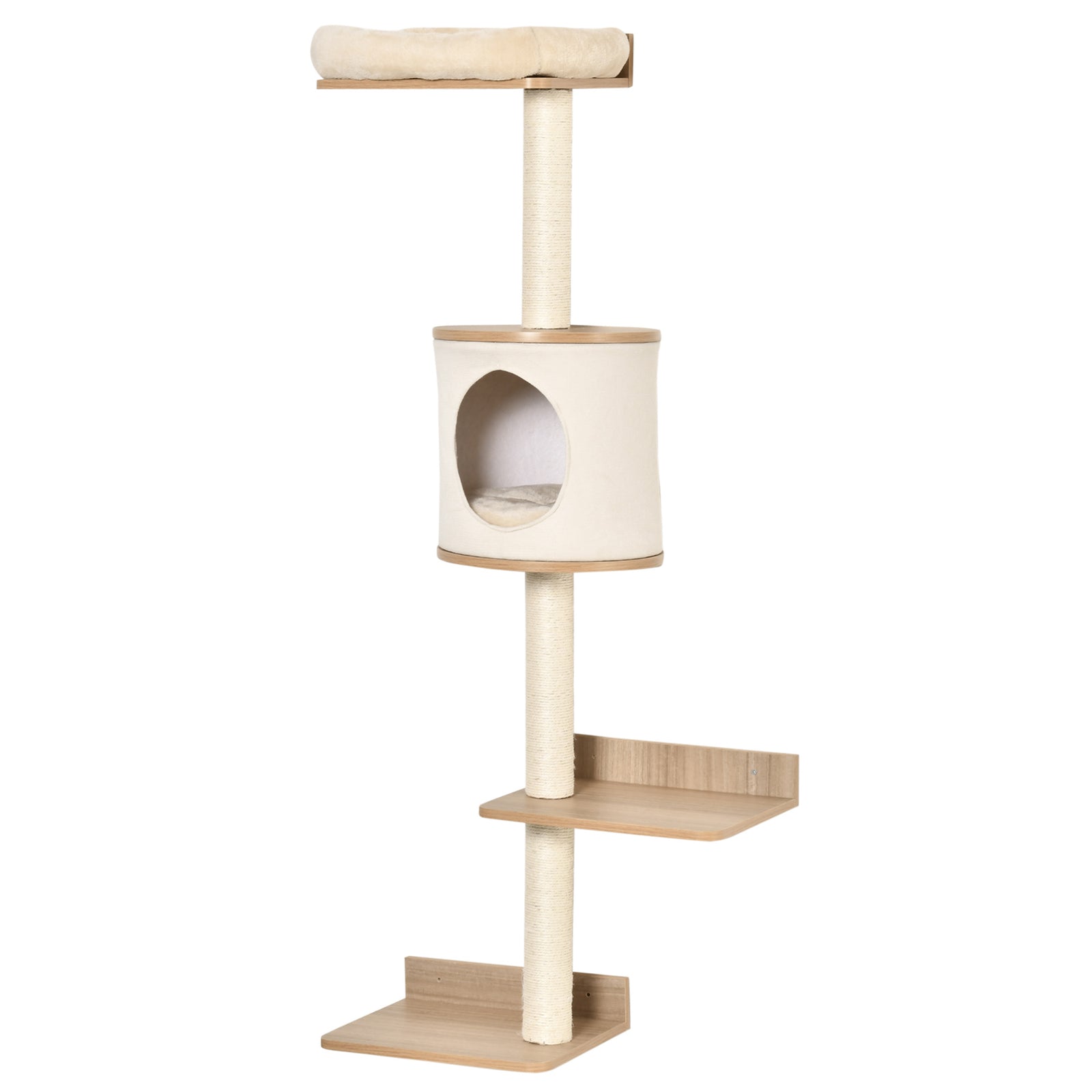 Wall-mounted Cat Tree Shelter W/ Cat House, Bed, Scratching Post - Beige
