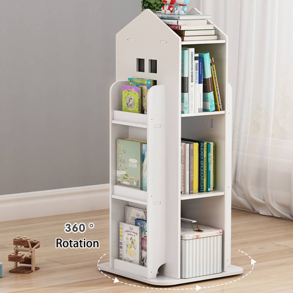 360°rotating Kids' Bookshelf Wooden House Frame Book Storage Organizer For Children | White
