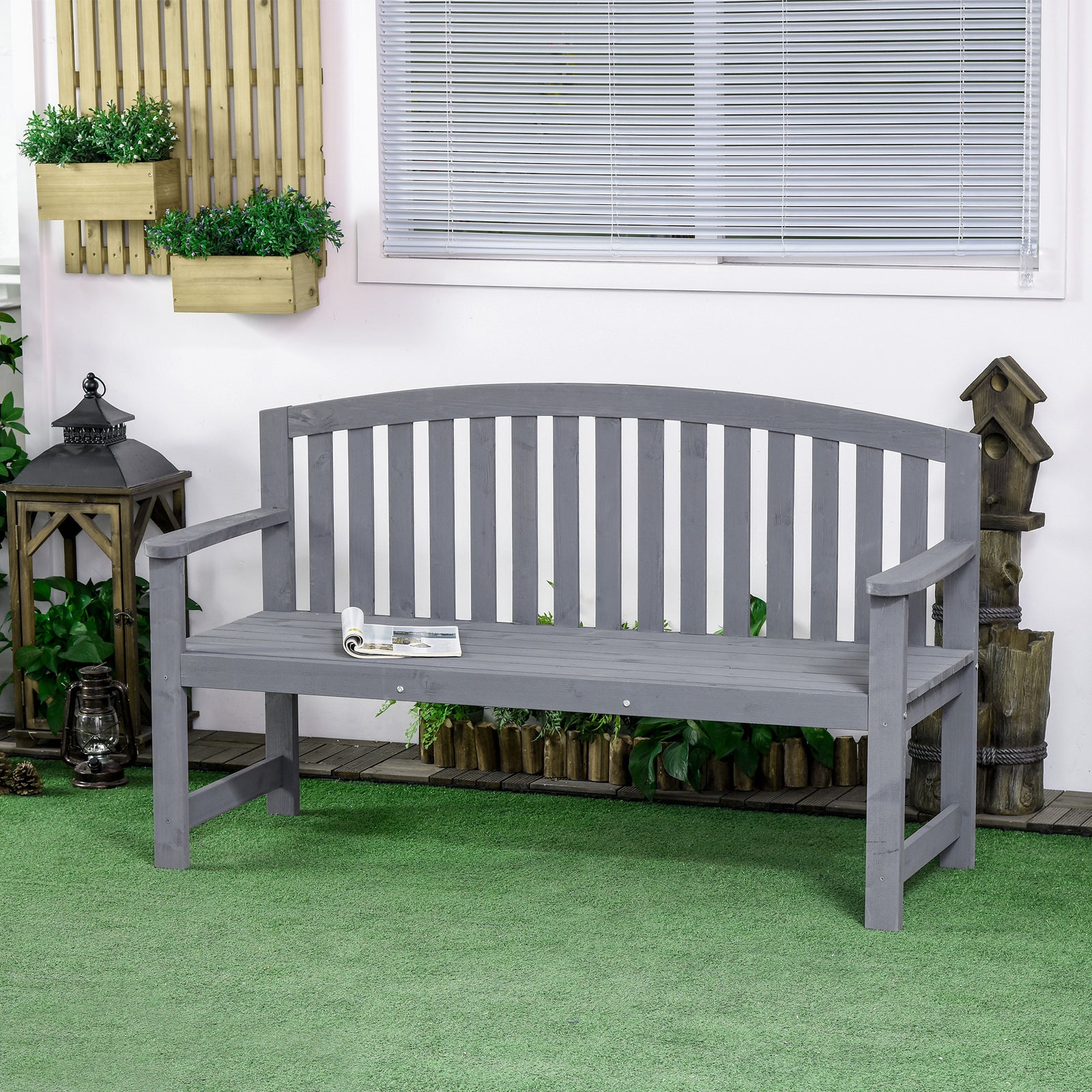 Wooden Garden Bench 2 Seater Slatted Seat With Arm For Patio | Gray