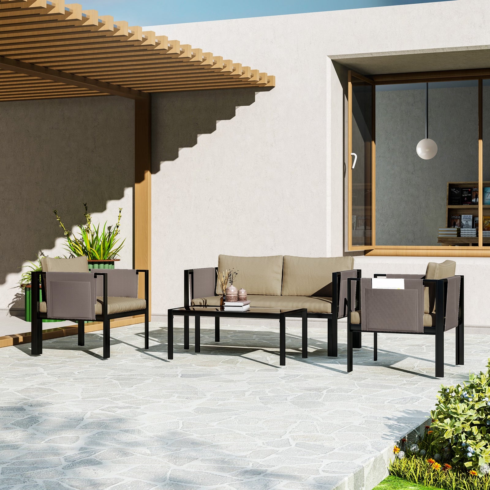 4 Piece Garden Sofa Set W/ Tempered Glass Coffee Table