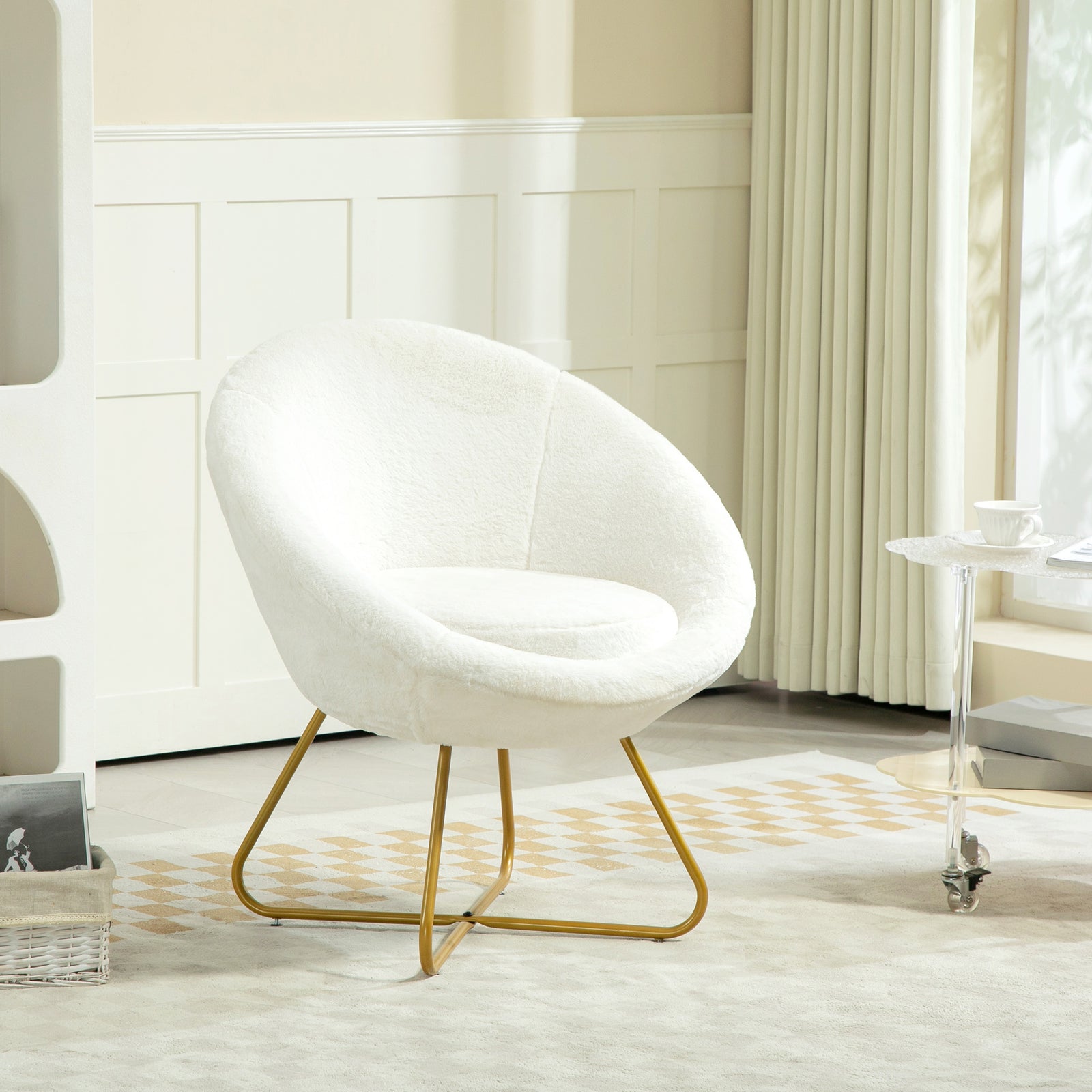 Faux Fur Comfy Chair With Golden Metal Legs Non-slip Footpad