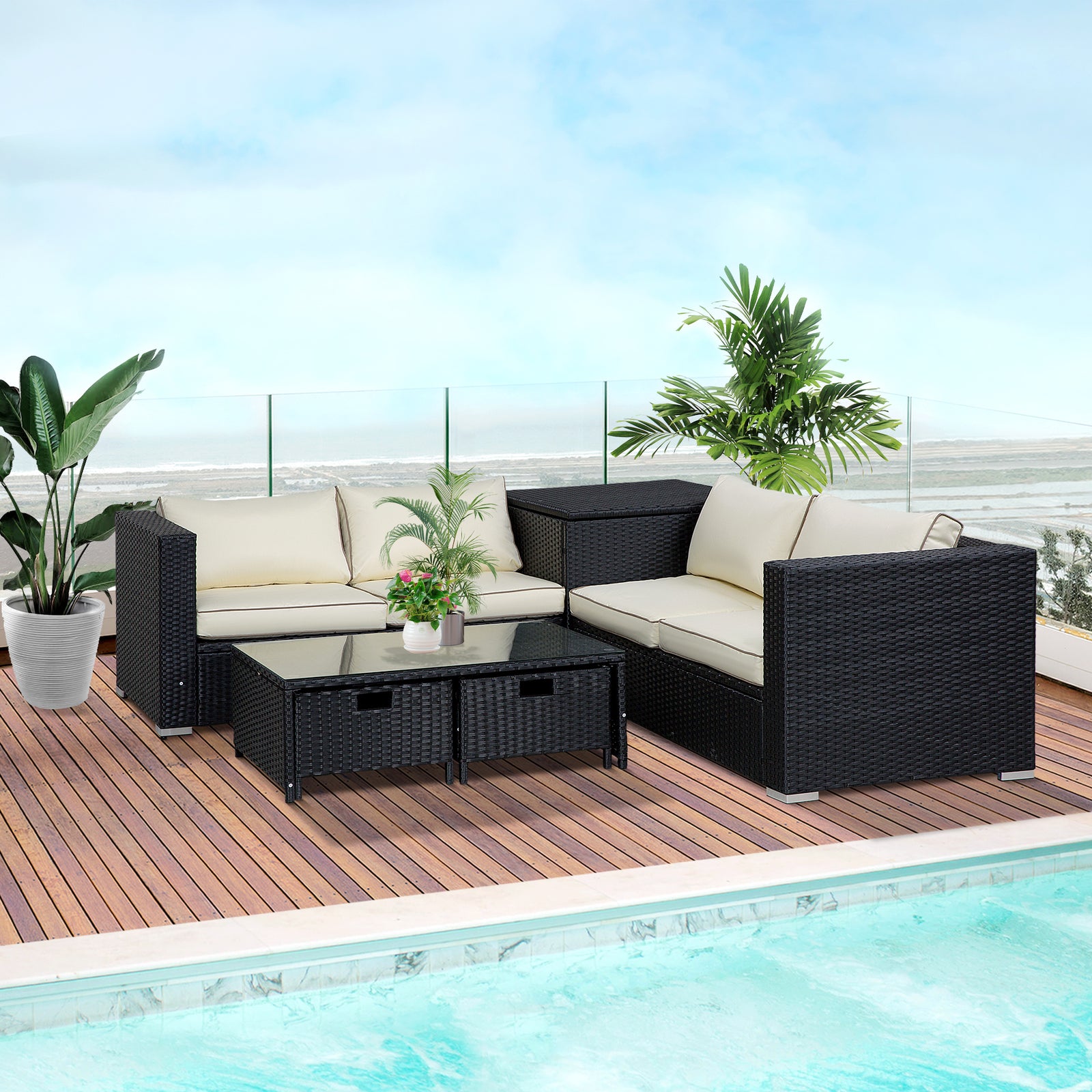 Rattan Furniture Sofa Storage Table Set W/ 2 Drawers Table | Black