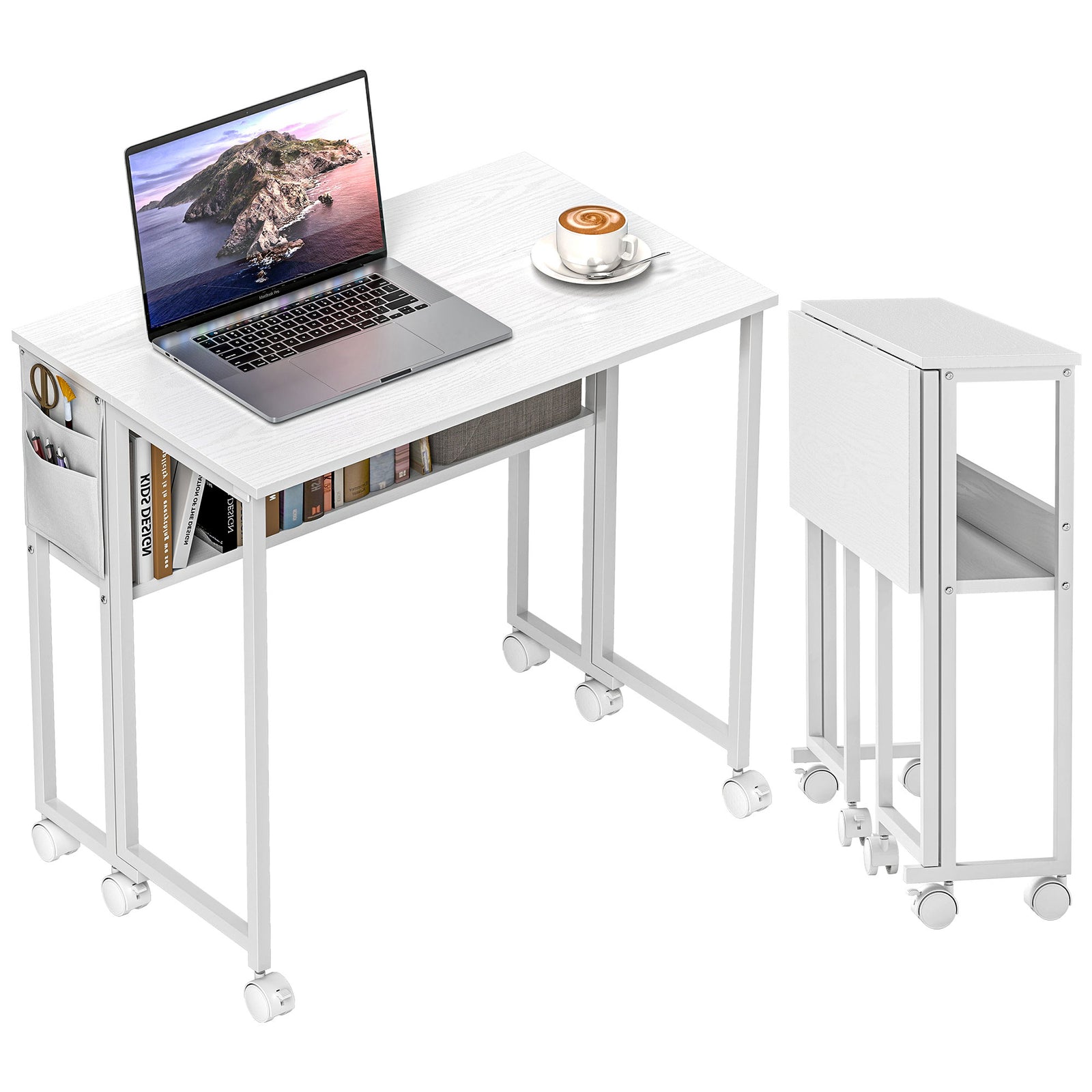 80 Cm Foldable Computer Desk On Wheels For Small Spaces | White