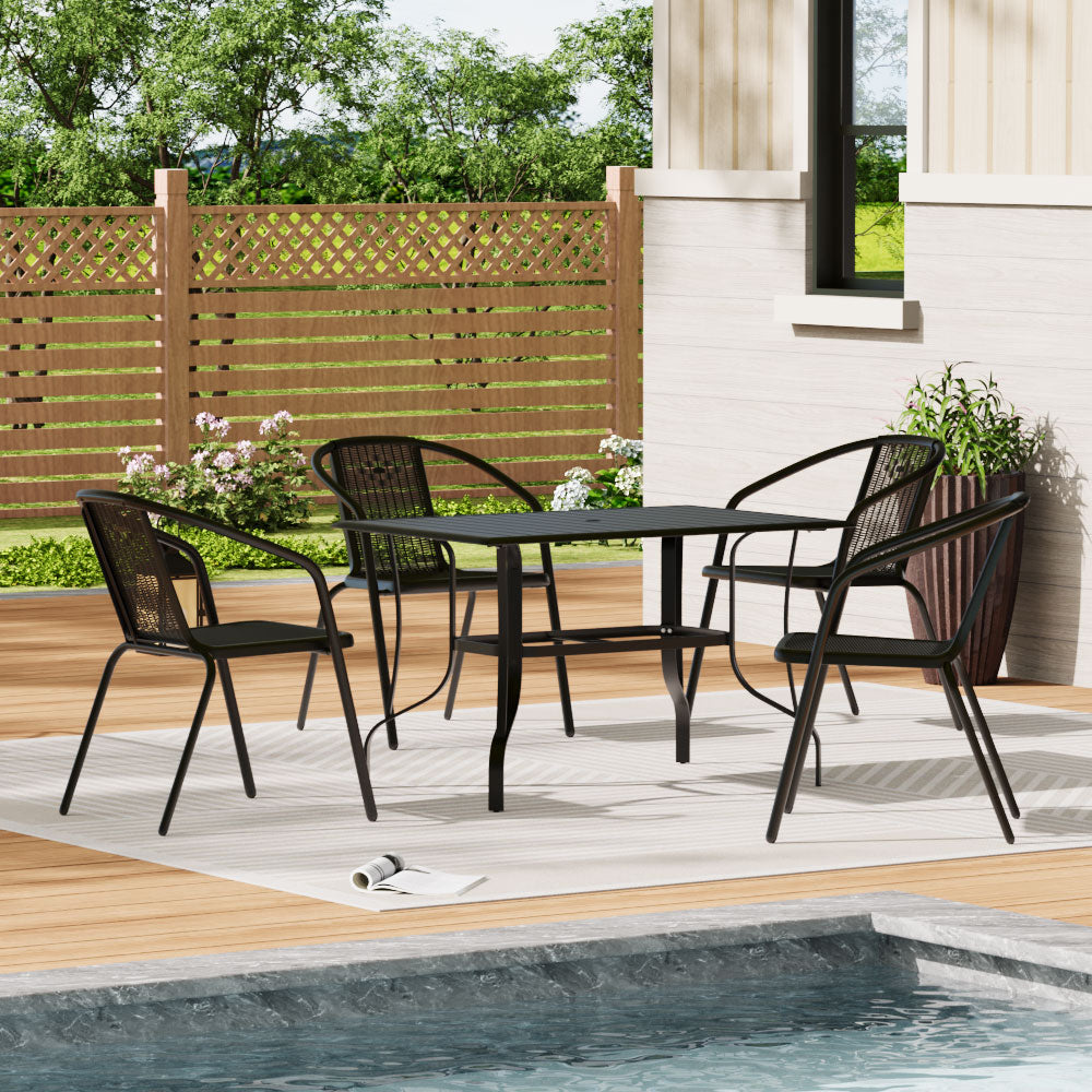 5 Pcs Garden Dining Set Metal Slatted Coffee Table With Rattan Chairs | Large | Black