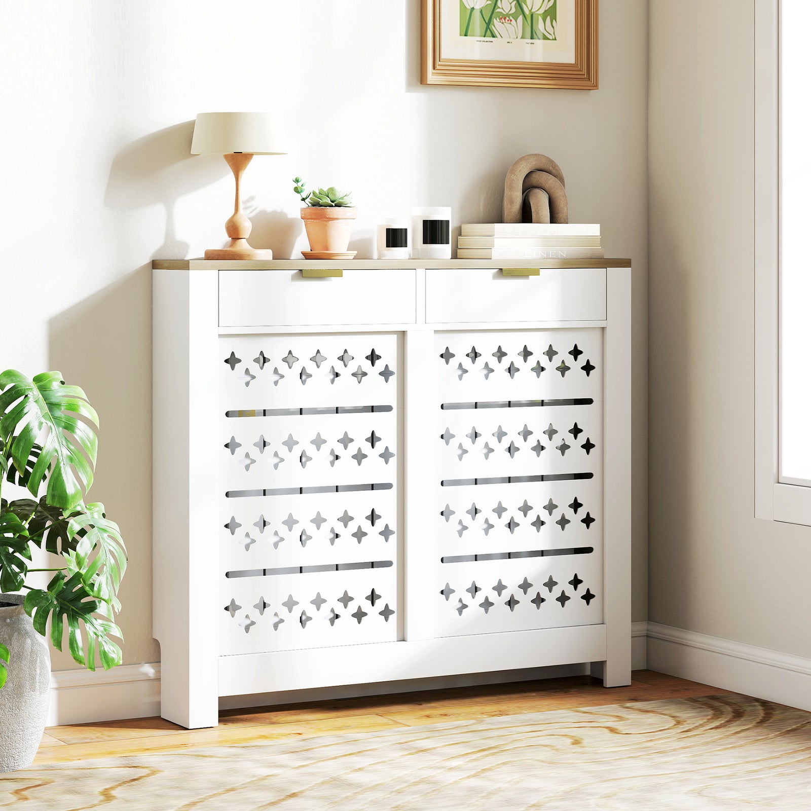 Heater Cover With Flip Drawer And Top Shelf 108 X 19 X 95.5 Cm White