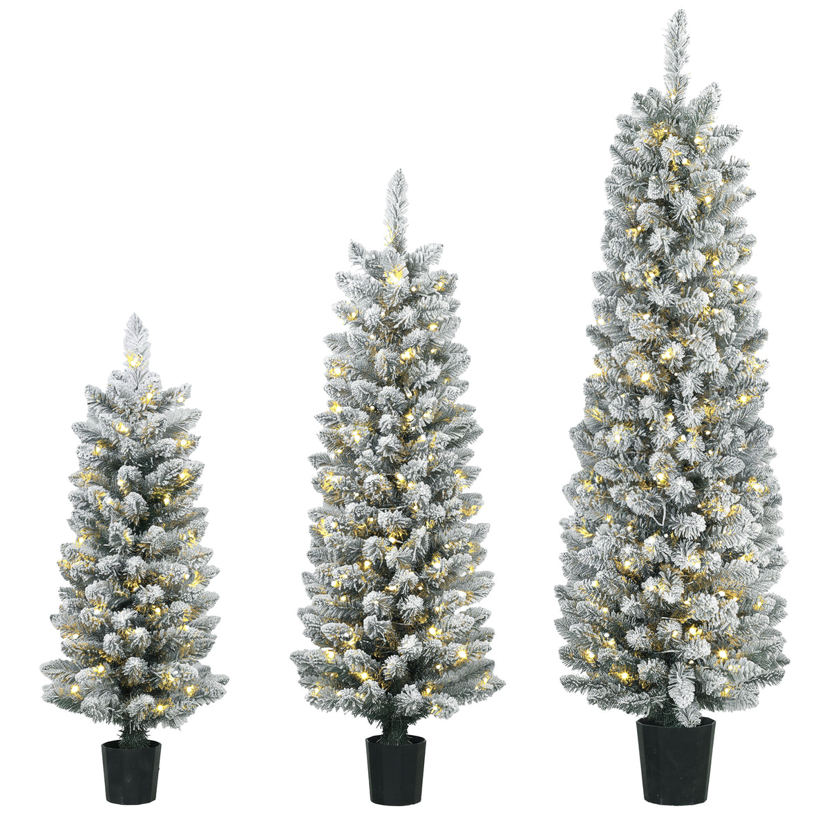HOMCOM Prelit Snowy Flocked Artificial Christmas Tree Set Of 3, 3ft/4ft/5ft