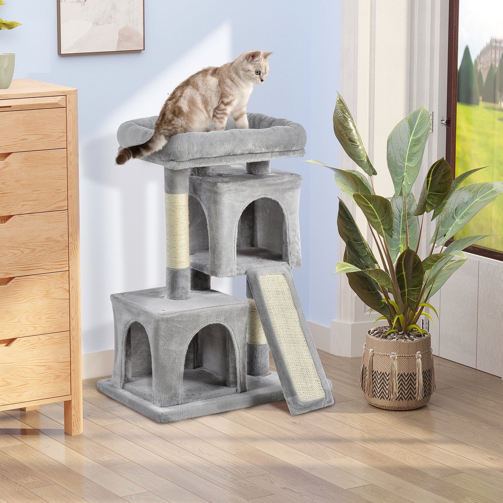 Cat Rest & Play Activity Tree W/ 2 House Perch Scratching Post | Gray