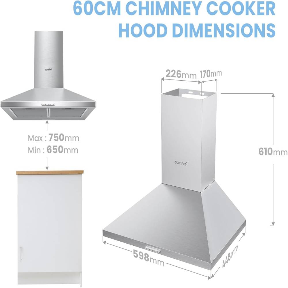 60cm Chimney Cooker Hood Wall Mounted Range Hood Extractor Hood With Led