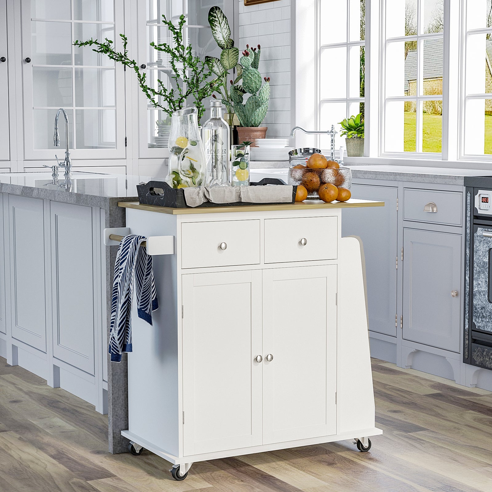 Island Storage Trolley With Rubber Wood Top