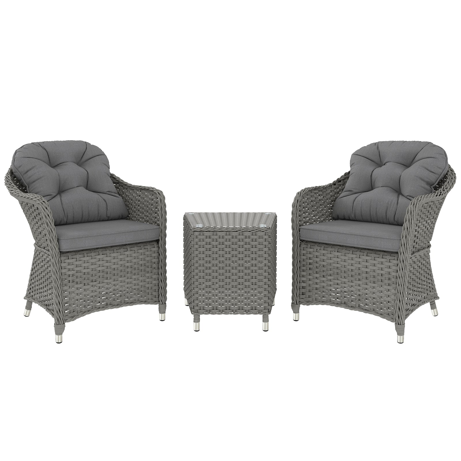 3 Pcs Aluminium Rattan Bistro Set W/ Cushions & Glass Top