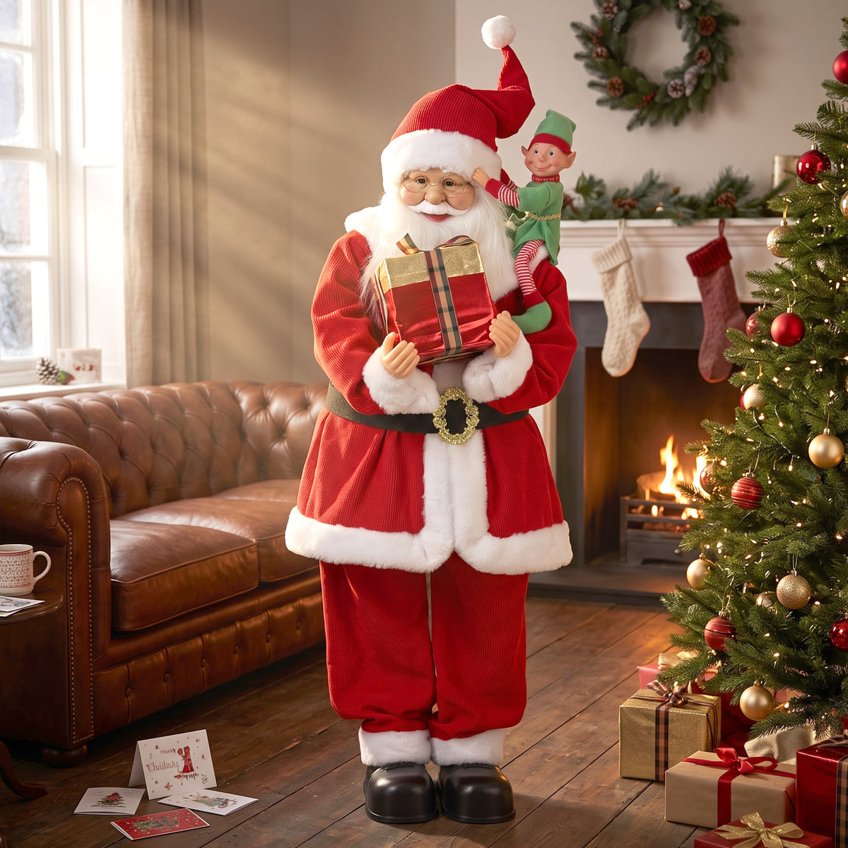HOMCOM 4ft Christmas Singing Dancing Santa Claus With Elf, Gift Box