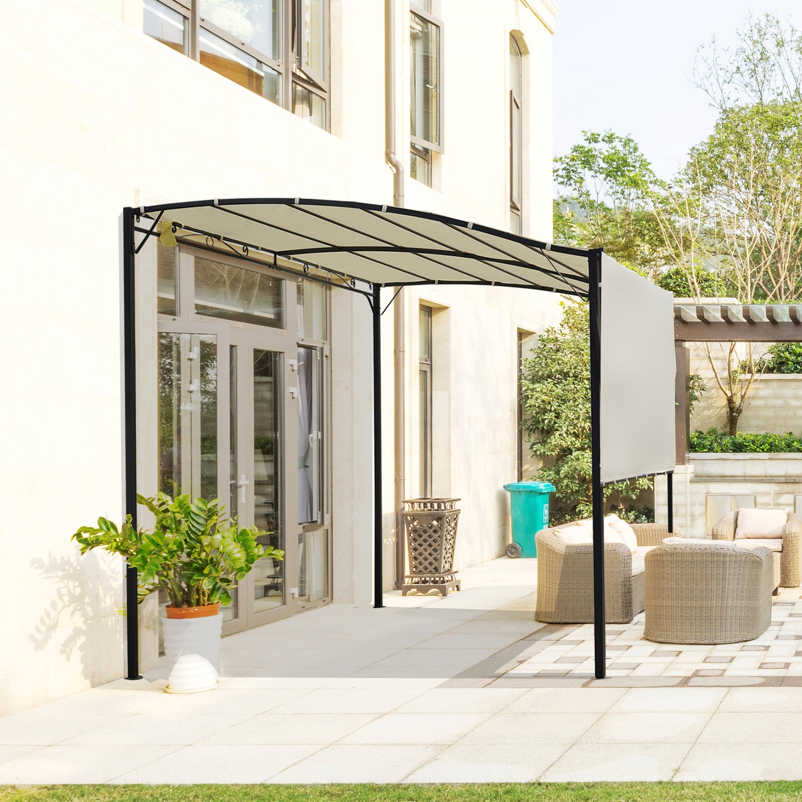 Patio Metal Gazebo Door Window Awning Wall Mount Shelter | Black