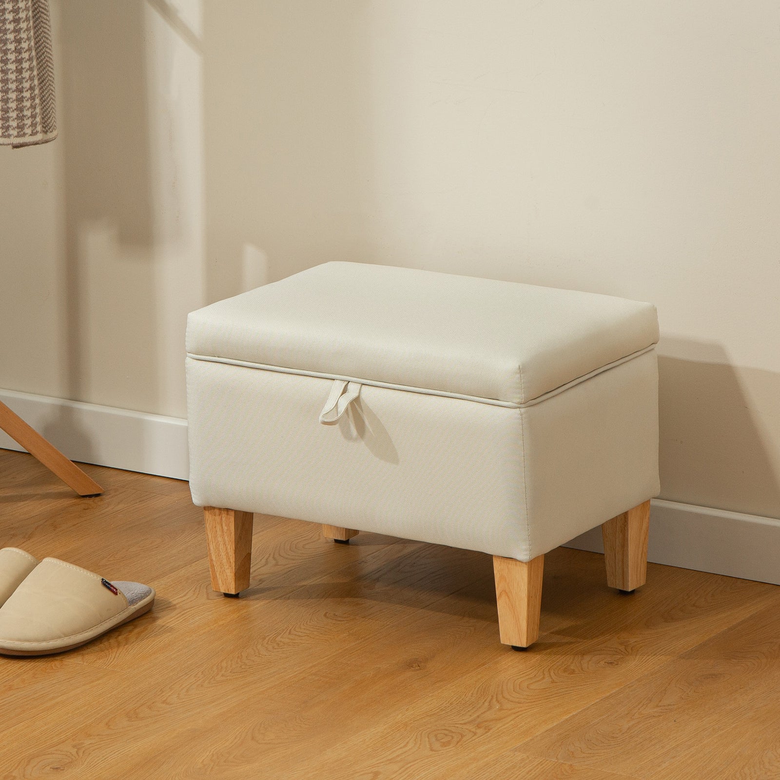 Linen Storage Ottoman Storage Box With Rubberwood Legs | Beige