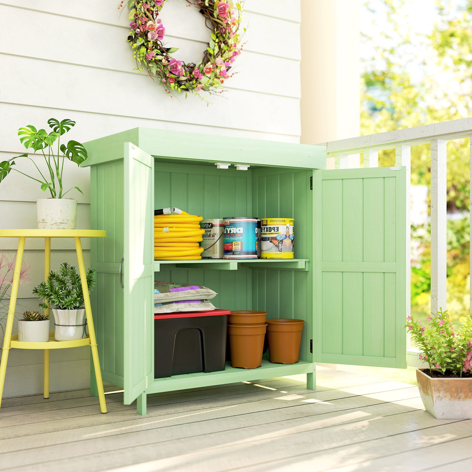 Wooden Garden Shed W/ Hinged Roof, 74x43x88cm | Green
