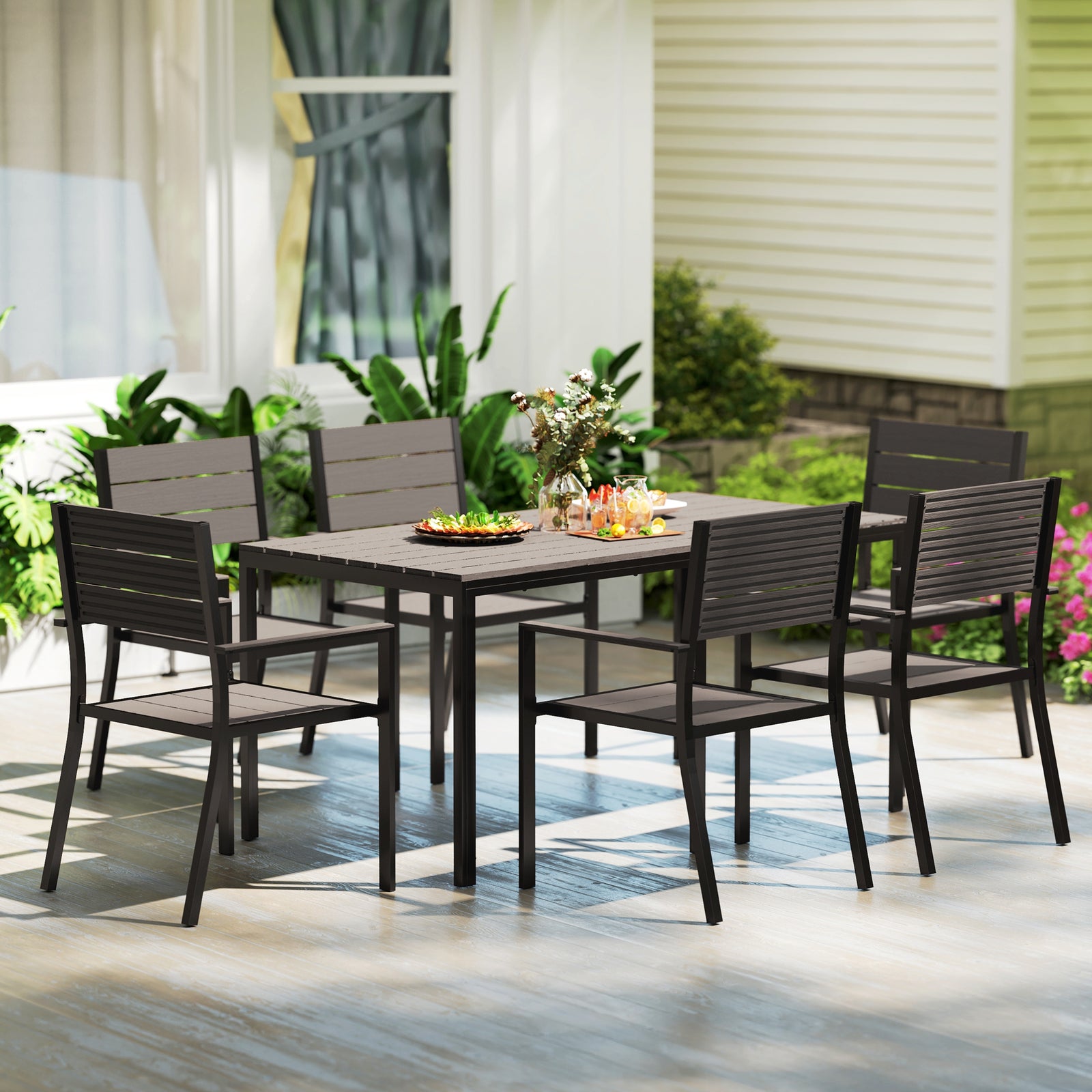 7 Piece Garden Furniture Set W/ Table And 6 Stackable Chairs