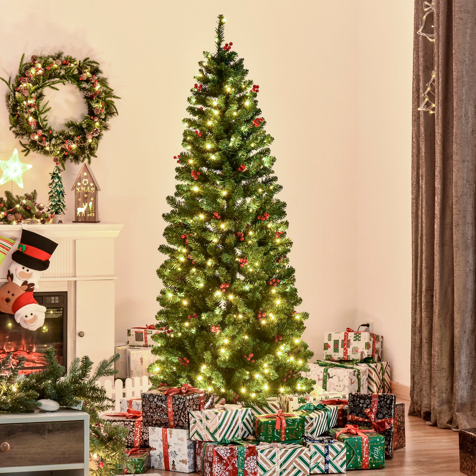 5/6/7ft Prelit Pencil Christmas Tree With Led And Berry | 6ft | Green