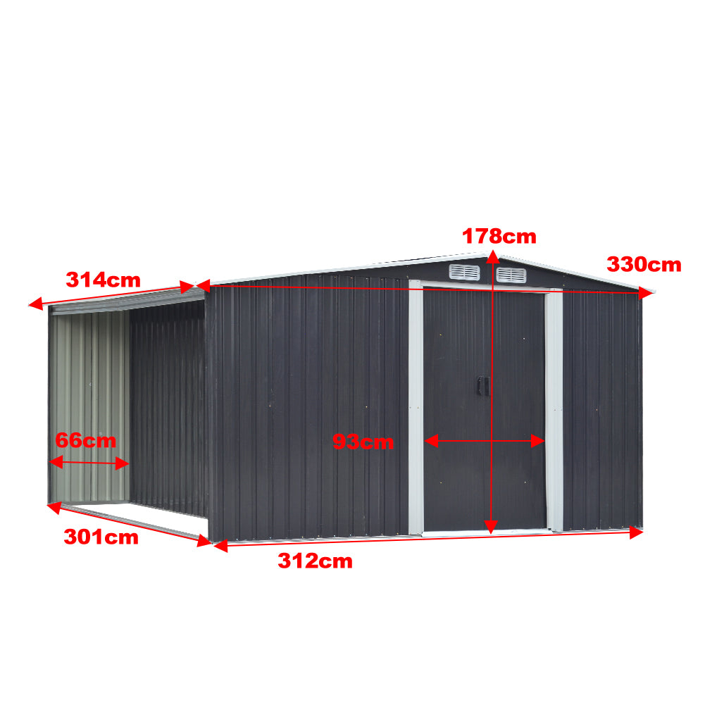 10.83  x 10.3 FT Waterproof Outdoor Metal Shed Garden Storage Tool Shed Apex Roof Double Door With Log Storage Store