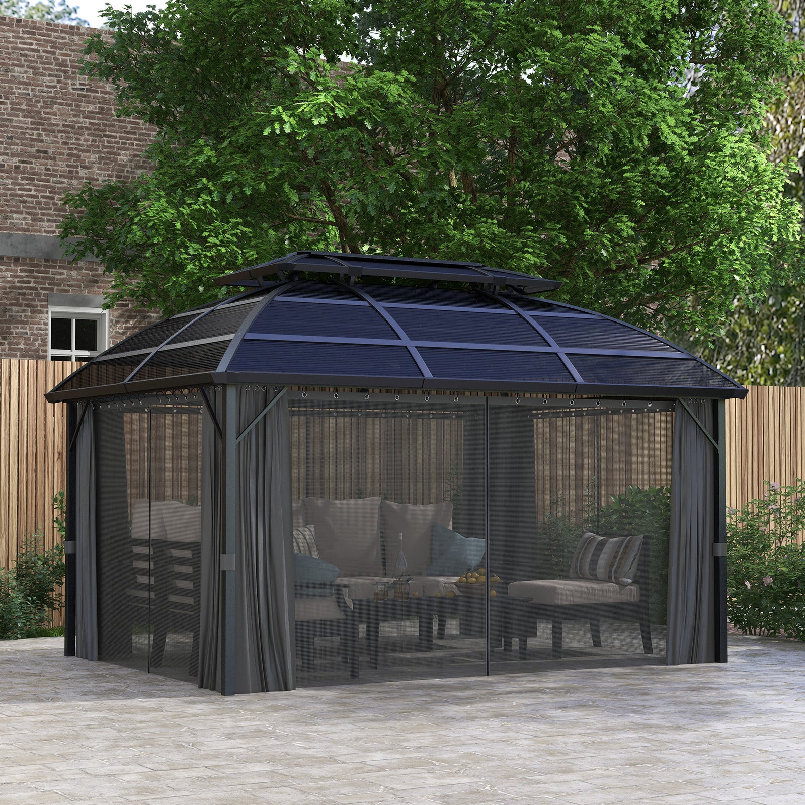 4 X 3(m) Polycarbonate Gazebo W/ Curtains, Nettings, 2 Roofs | Black