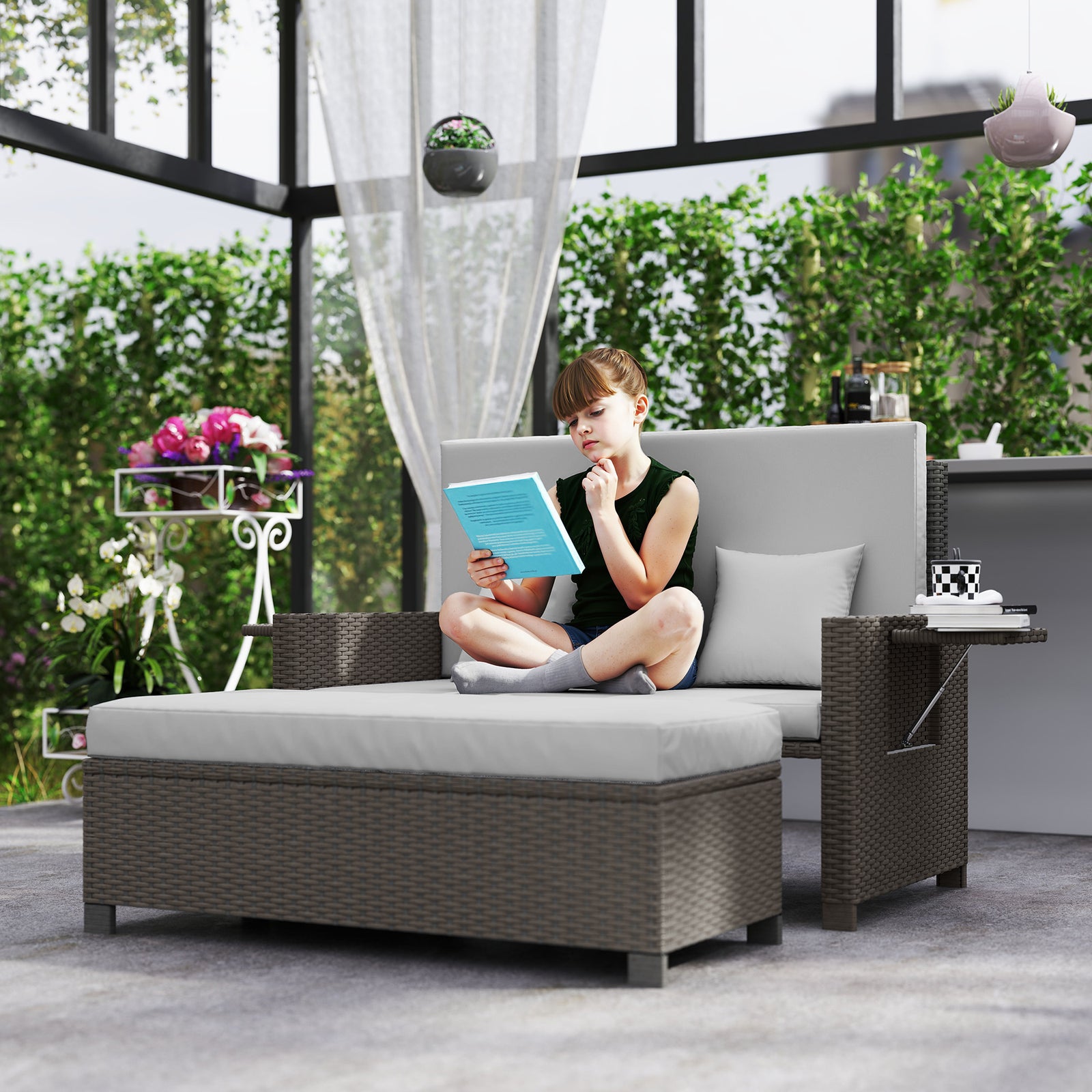 Garden Rattan Furniture Set 2seater Patio Sun Lounger Daybed