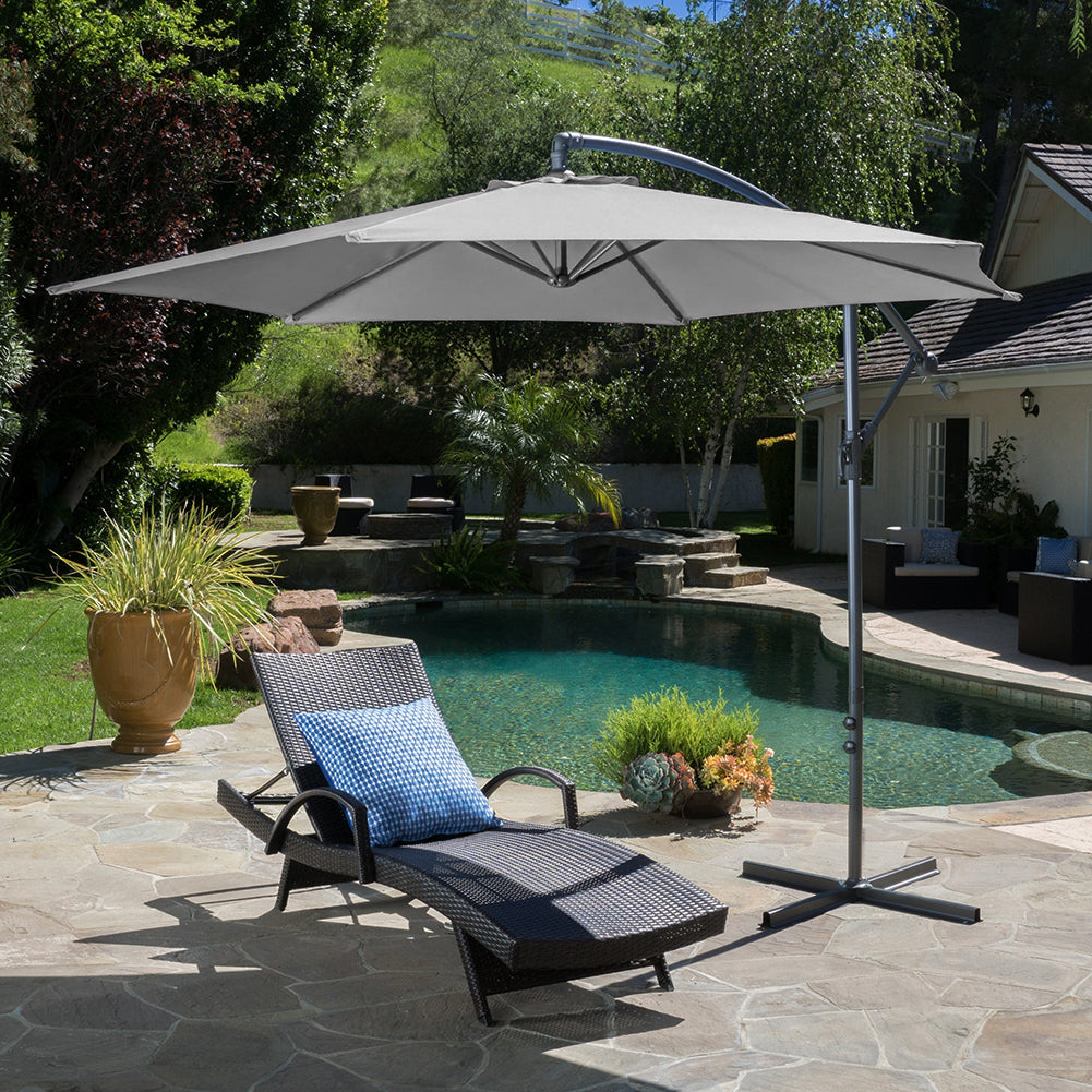 3m Large Banana Cantilever Patio Parasol For Outdoor Sunshade And Rain With Cross Base | One Size | Light Grey