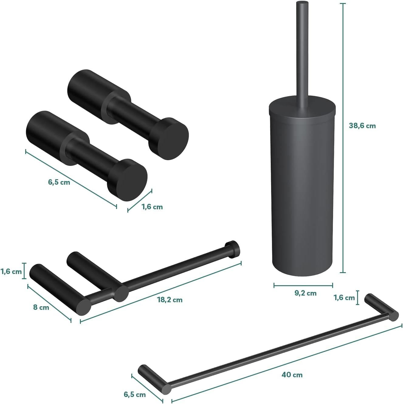 Bathroom Accessory Set 5 Pcs Hooks Rail Toilet Brush&paper Holder | Matte Black