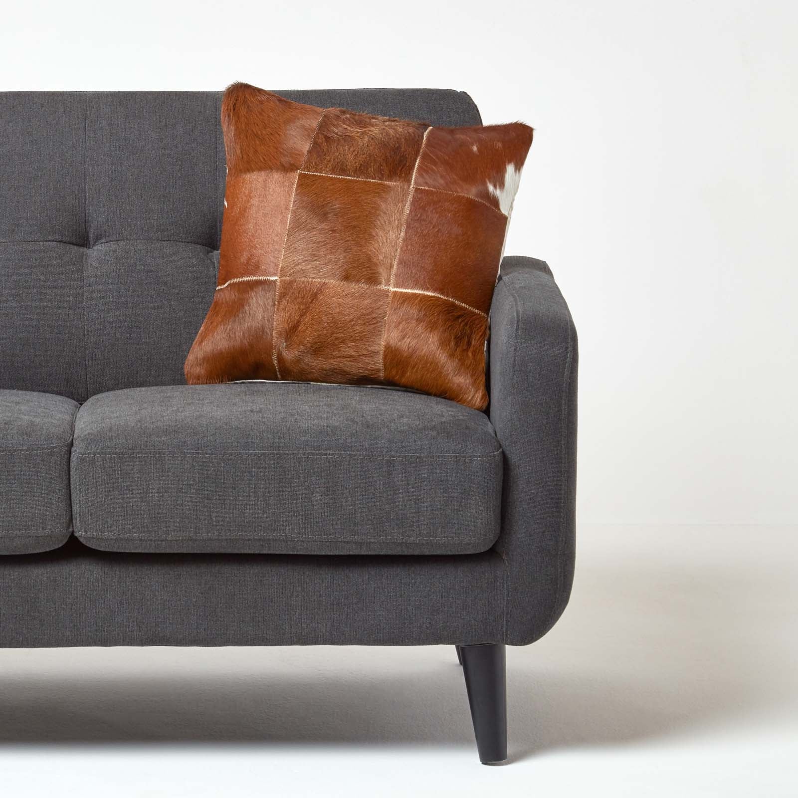 Real Leather & Goat Hair Check Cushion With Feather Filling | 45cm x 45cm | Beige Brown