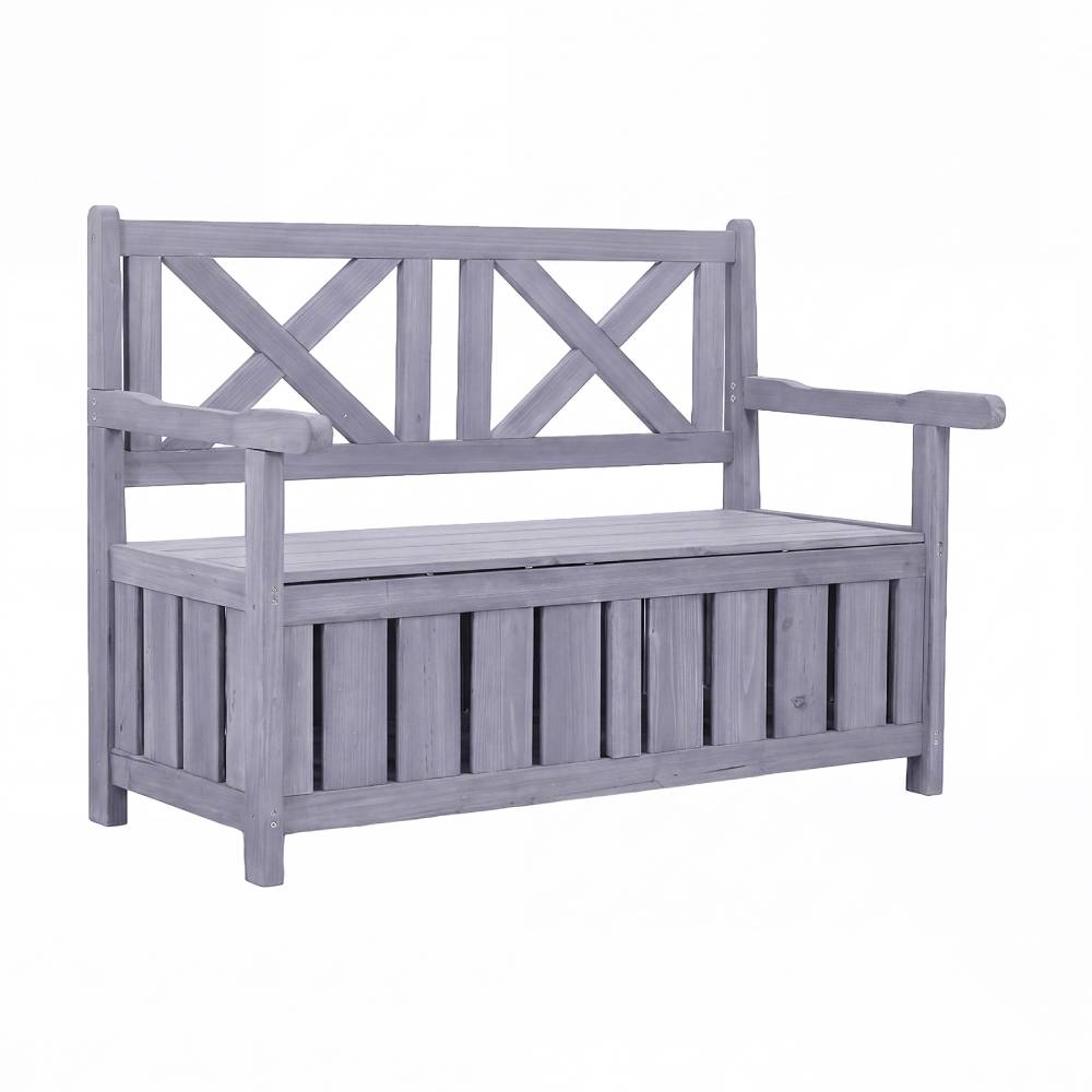 Solid Fir Wood Outdoor Storage Bench With Backrest & Armrests, 125l Large Storage Box, Water-based Painted Garden Bench Seat, | Grey