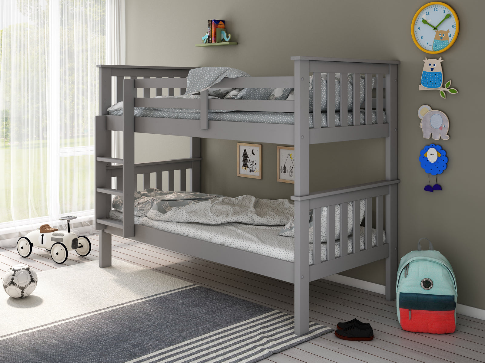 Carra Wooden Single Bunk Bed With Memory Foam Mattresses | Single | Grey
