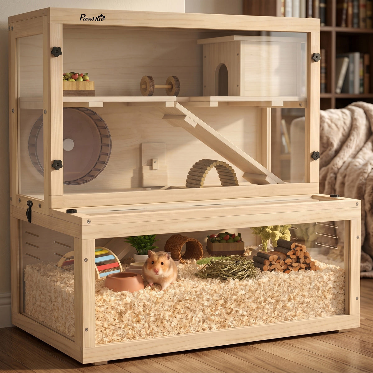 PawHut 3 Tier Wooden Hamster Cage With Hut, Wheel, Ramps, 80 X 50 X 84 Cm