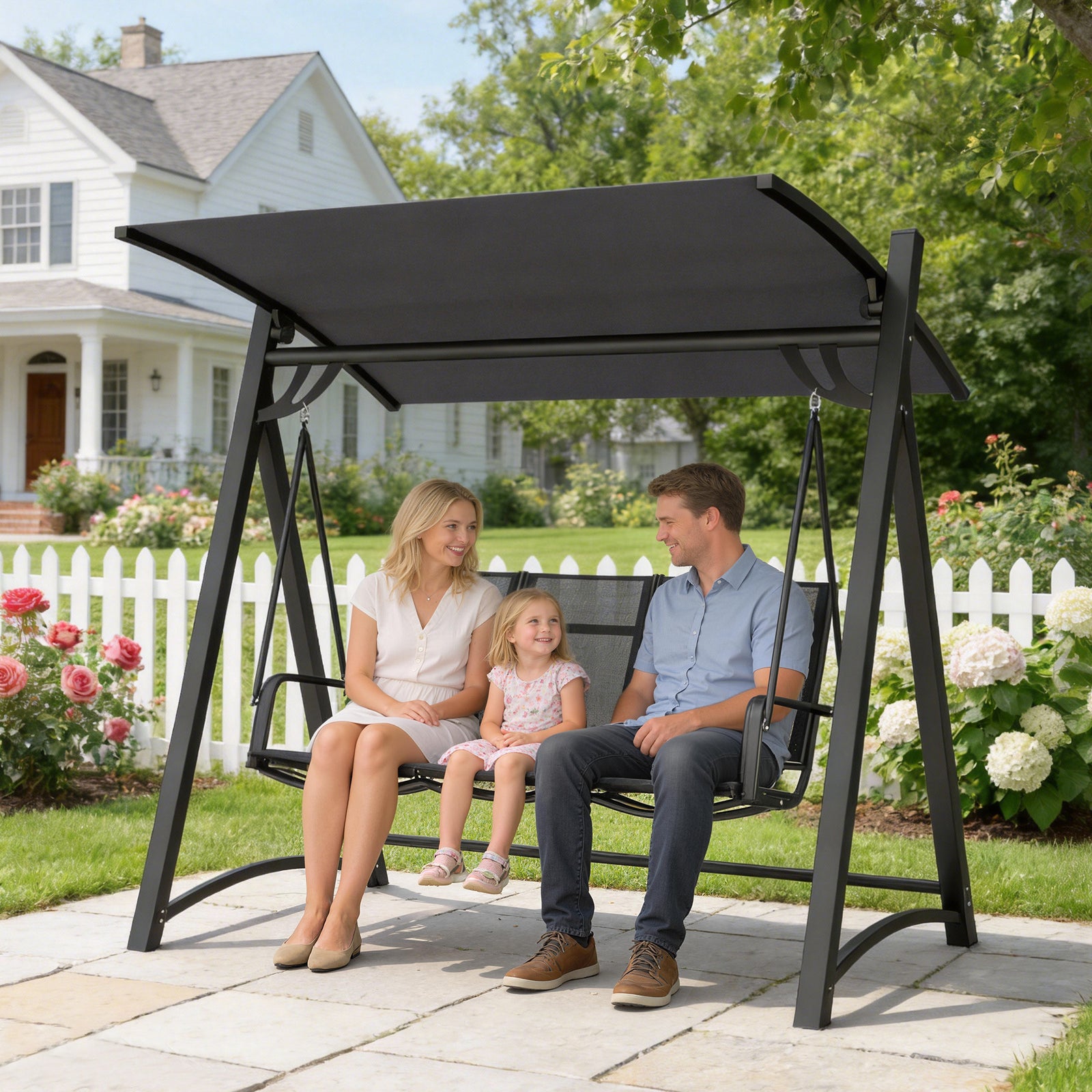 3 Seater Swing Chair, Garden Swing Bench With Adjustable Canopy | Grey