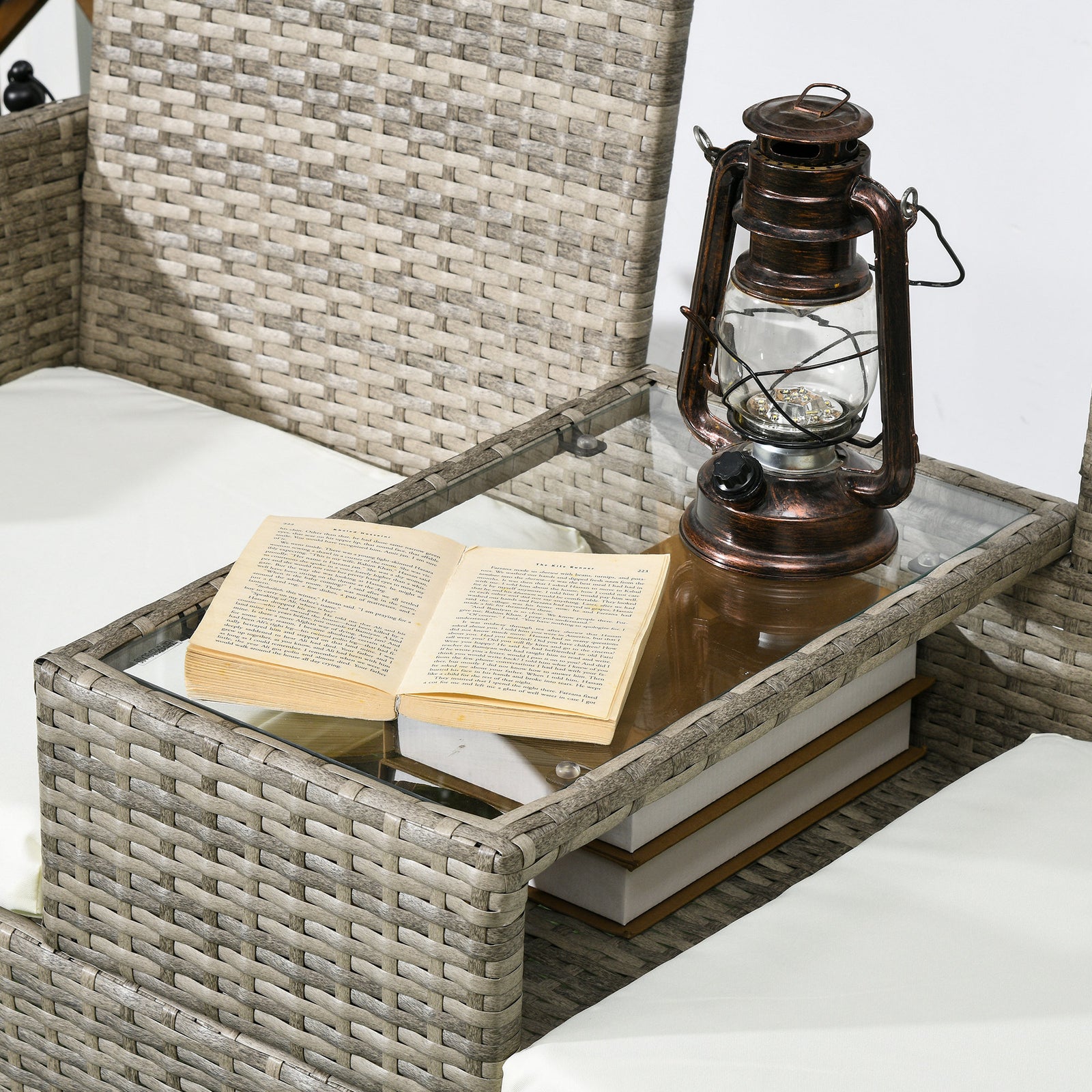 Rattan Garden Bench W/ Glass Table, Wicker Chair, Cushions | Gray