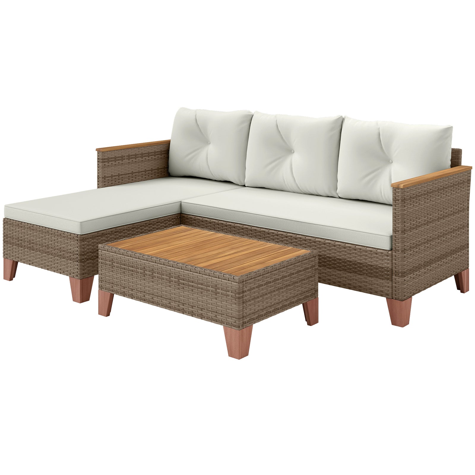 3 Pieces Rattan Lounge Set, L-shaped With Wood Table | Cream