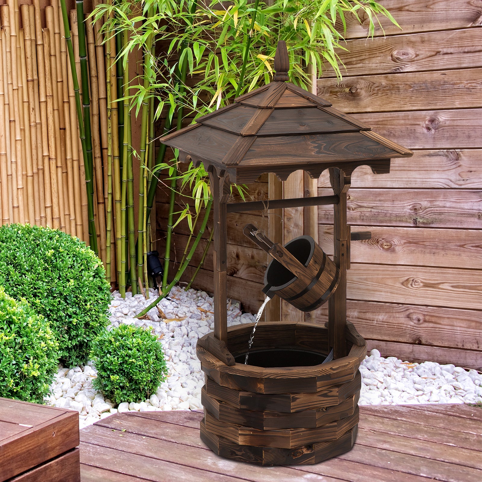 Wood Wishing Well Fountain With Pump, Garden Ornament