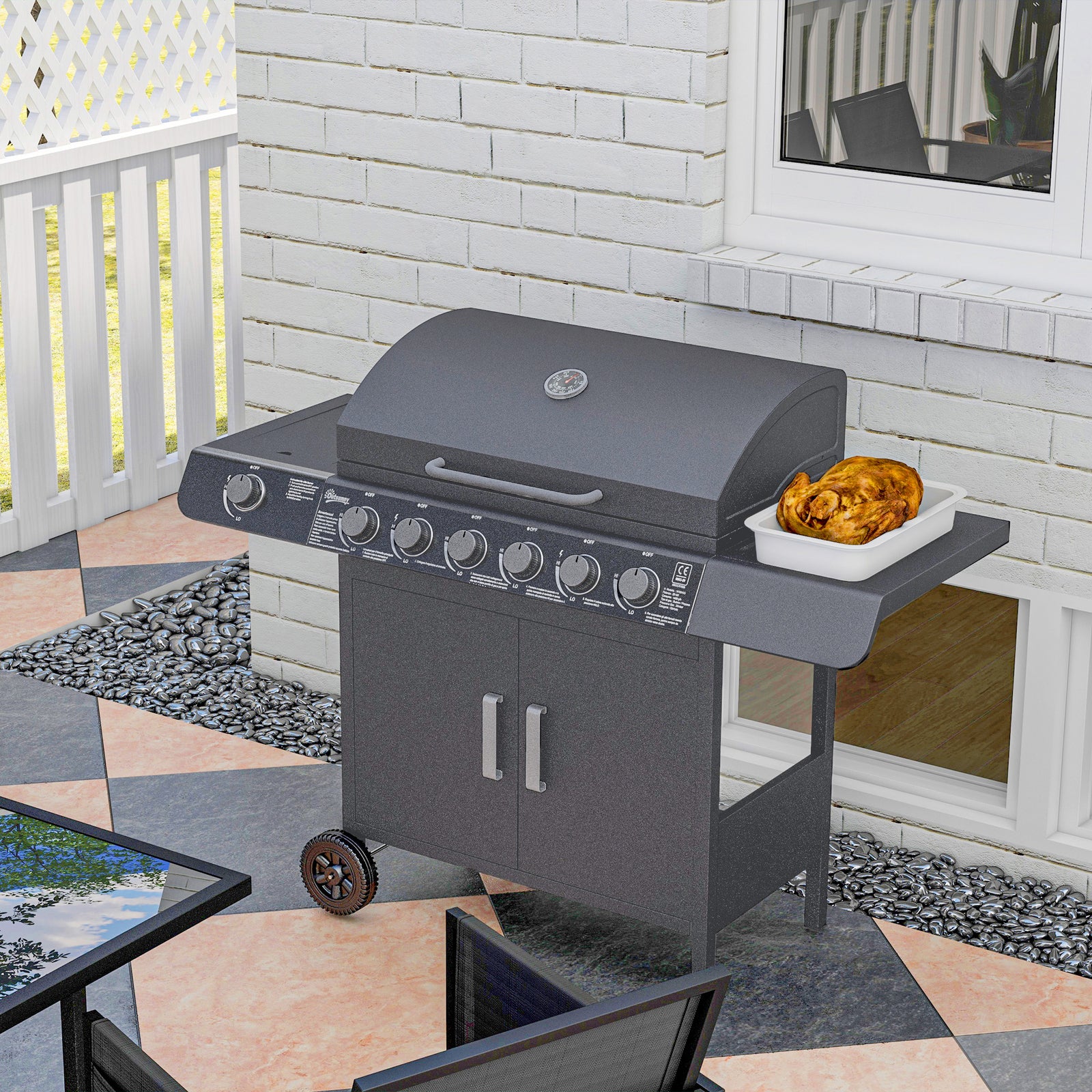 Outsunny 6+1 Burner Gas Bbq Grill Garden Barbecue W/ Wheels, Cabinet