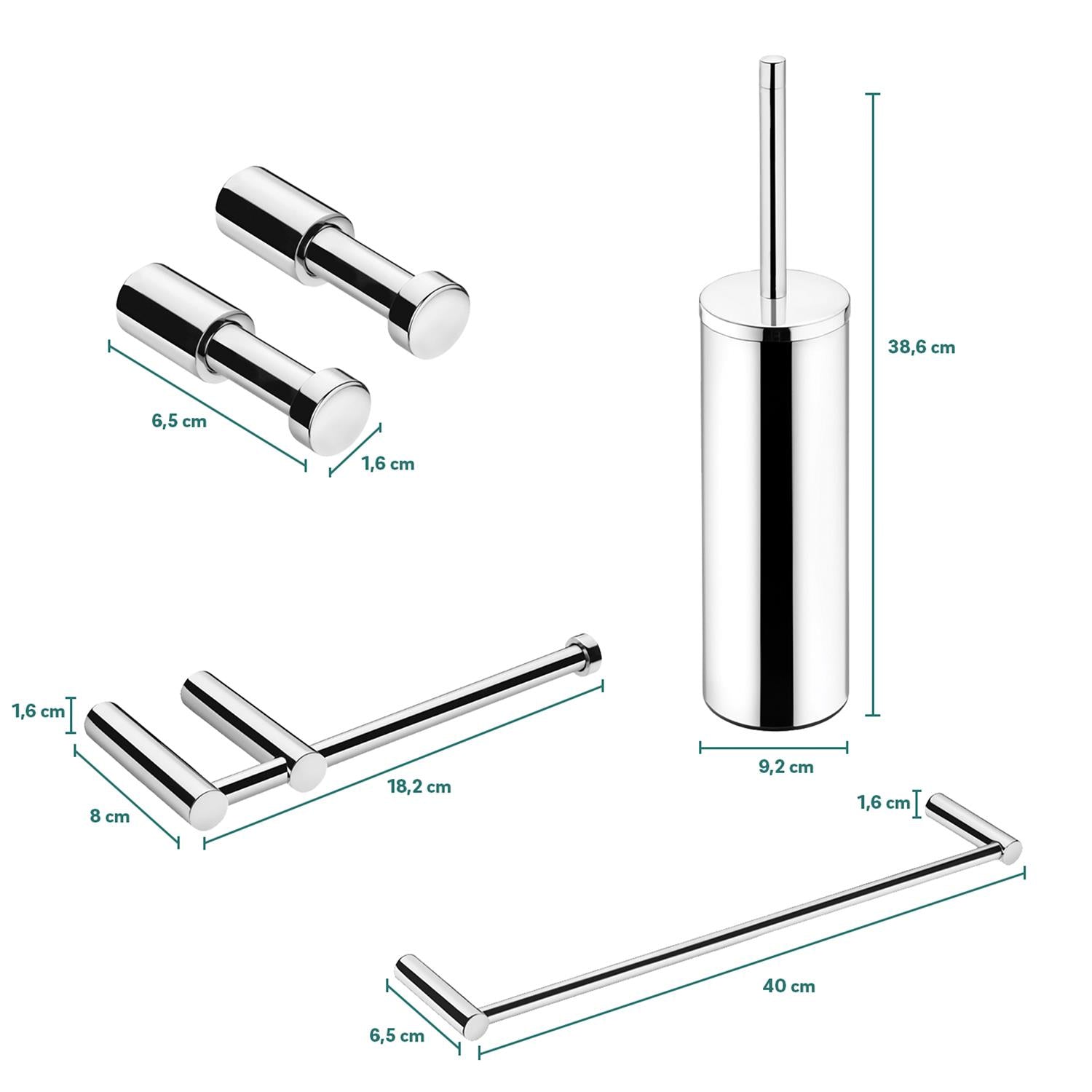 Bathroom Accessory Set 5 Pcs Hooks Rail Toilet Brush&paper Holder | Polished Stainless Steel